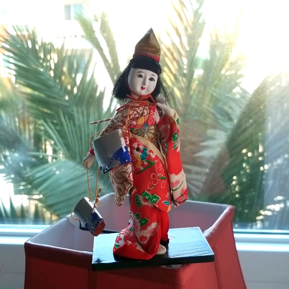 Vintage Japanese Doll On Wood Stand
